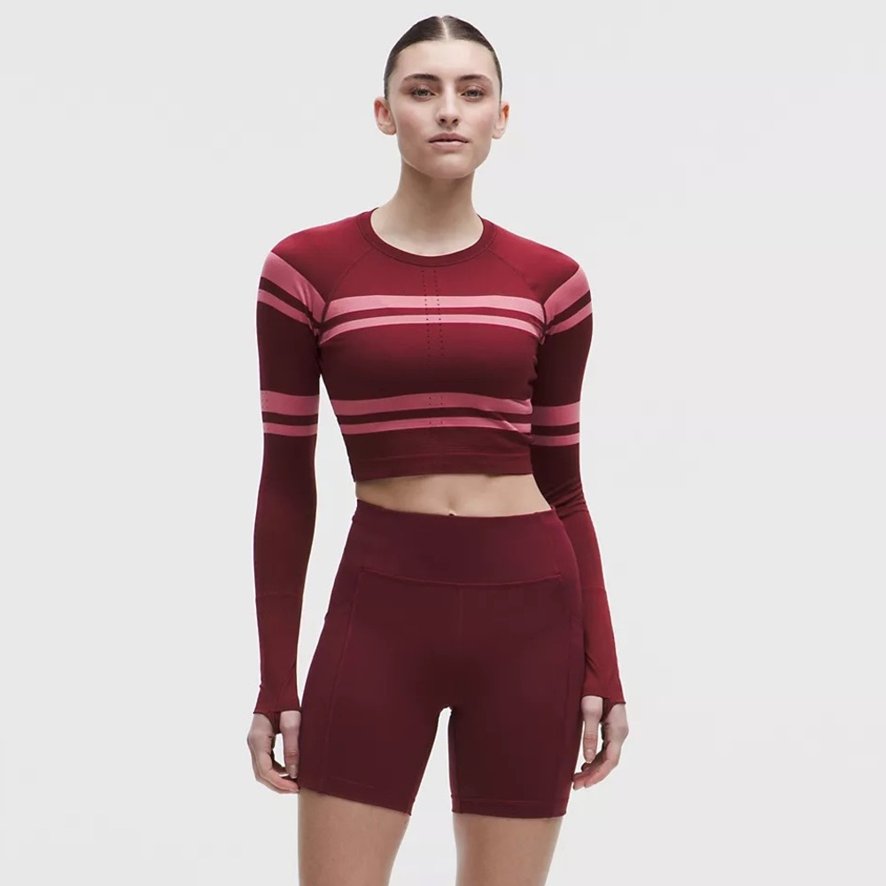Lululemon Swiftly Cropped Long Sleeve Top Burgundy Bay *Stripe Size 6